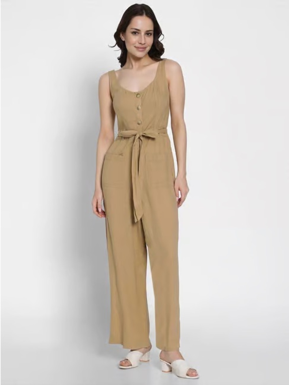 American Eagle Linen Blend Button Up Tan Jumpsuit